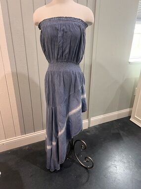 Storia Blue and White Strapless Smocked Maxi Dress